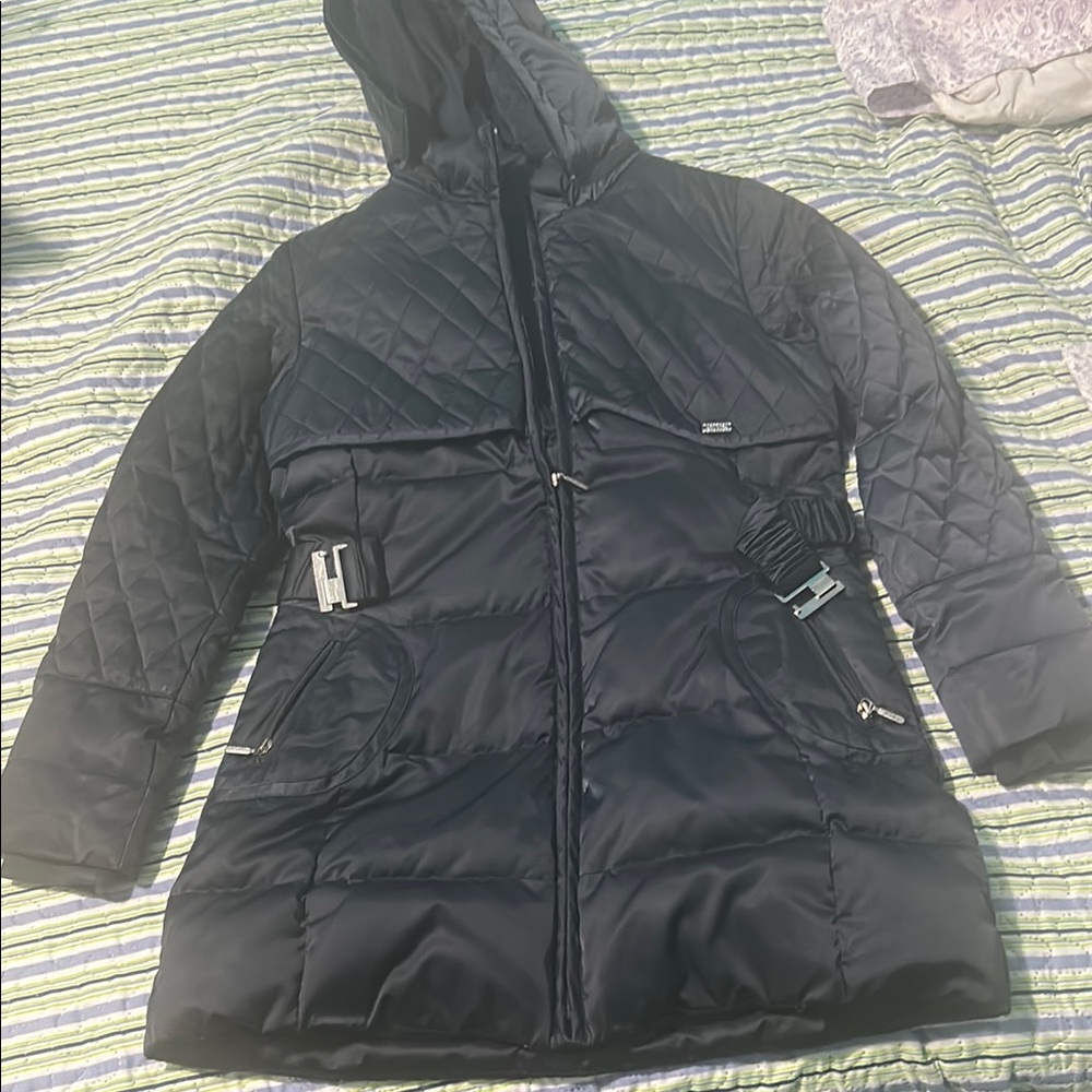 Navy Blue Quilted Hooded Coat